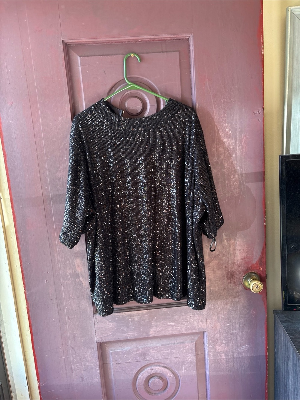Sparkle Knit Short-Sleeve Sweater Top - Black